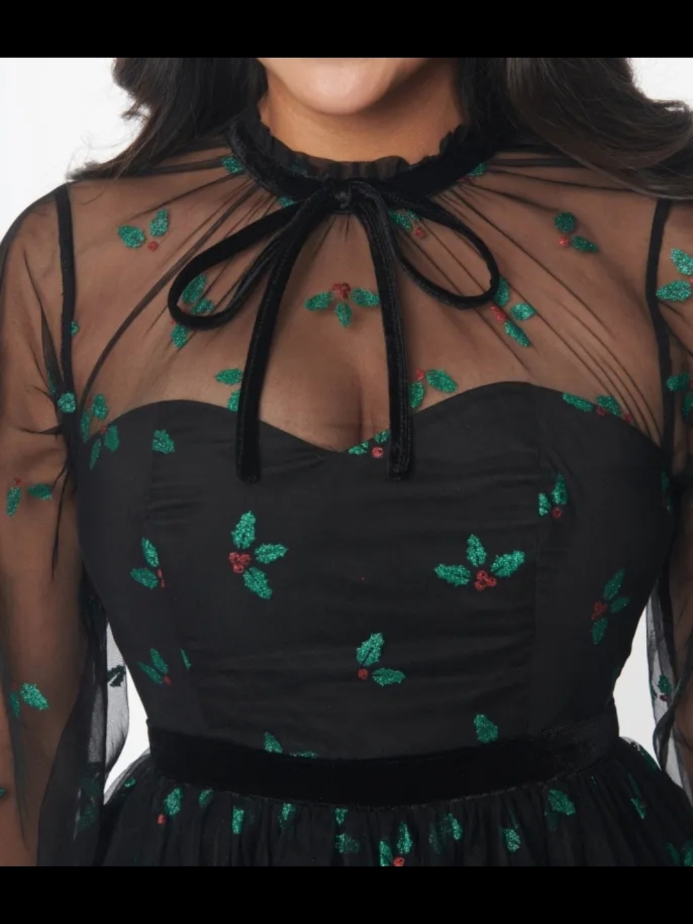 Like New 3X Unique Vintage Black & Glitter Mistletoe Flare Dress - Picture 15 of 16